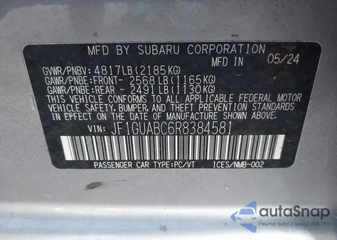 2024 Subaru Impreza Base 5-Door z USA, uszkodzony, nr VIN JF1GUABC6R8384581